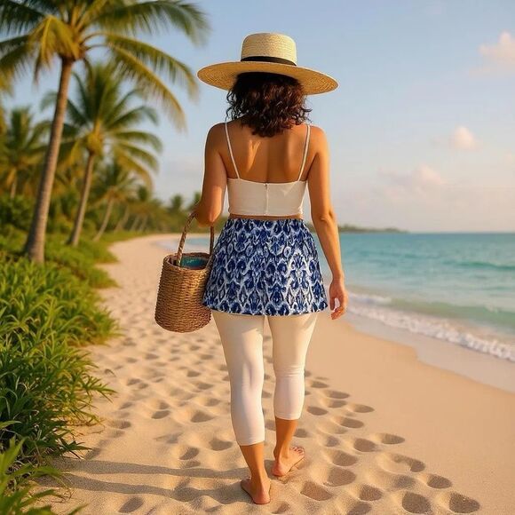 Coolibar Kahula Skirted Swim Capri UPF Swim Bottom Capris‎ Size XL Blue & White - Picture 1 of 12